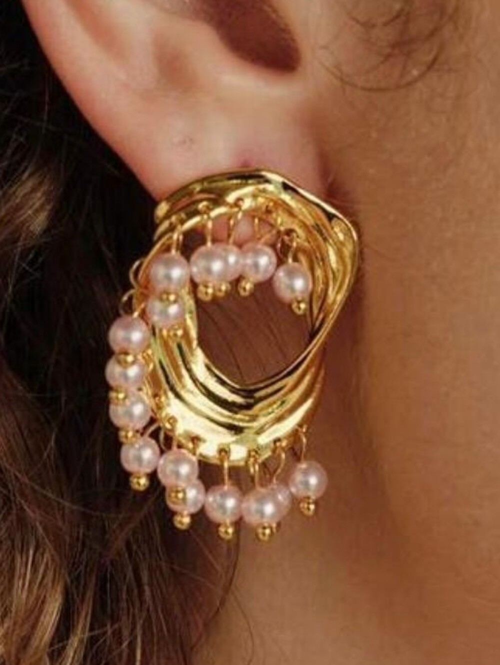 Gold Hoop Earrings with Pale Pink Pearl Drops